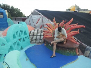 Another birthday gift. Dawn sculptures with papercrete like it's never been sculpted before. Our logo is a sunflower, so Dawn made this stunning lounger on our stargazing deck.